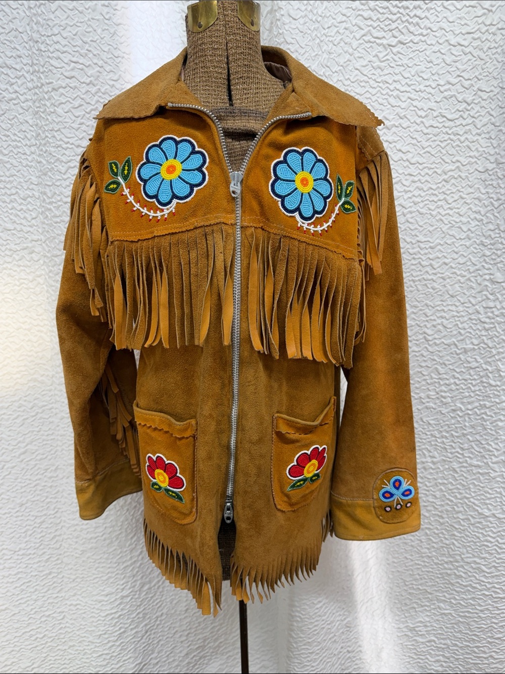 Vintage 70s Suede Fringe Jacket Beaded Floral Flowers Dual Lightning Zipper